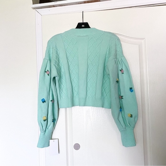 FLL Sweater Sutton Cardigan Cropped Sequin Floral Knit Puff-Sleeve Mint M NWT - Picture 7 of 9